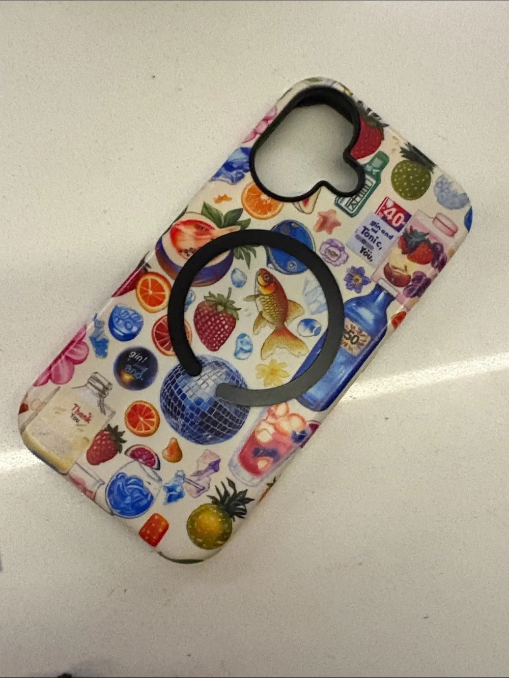 Colorful Fruit & Fish Pattern Phone Case with Black Ring Grip